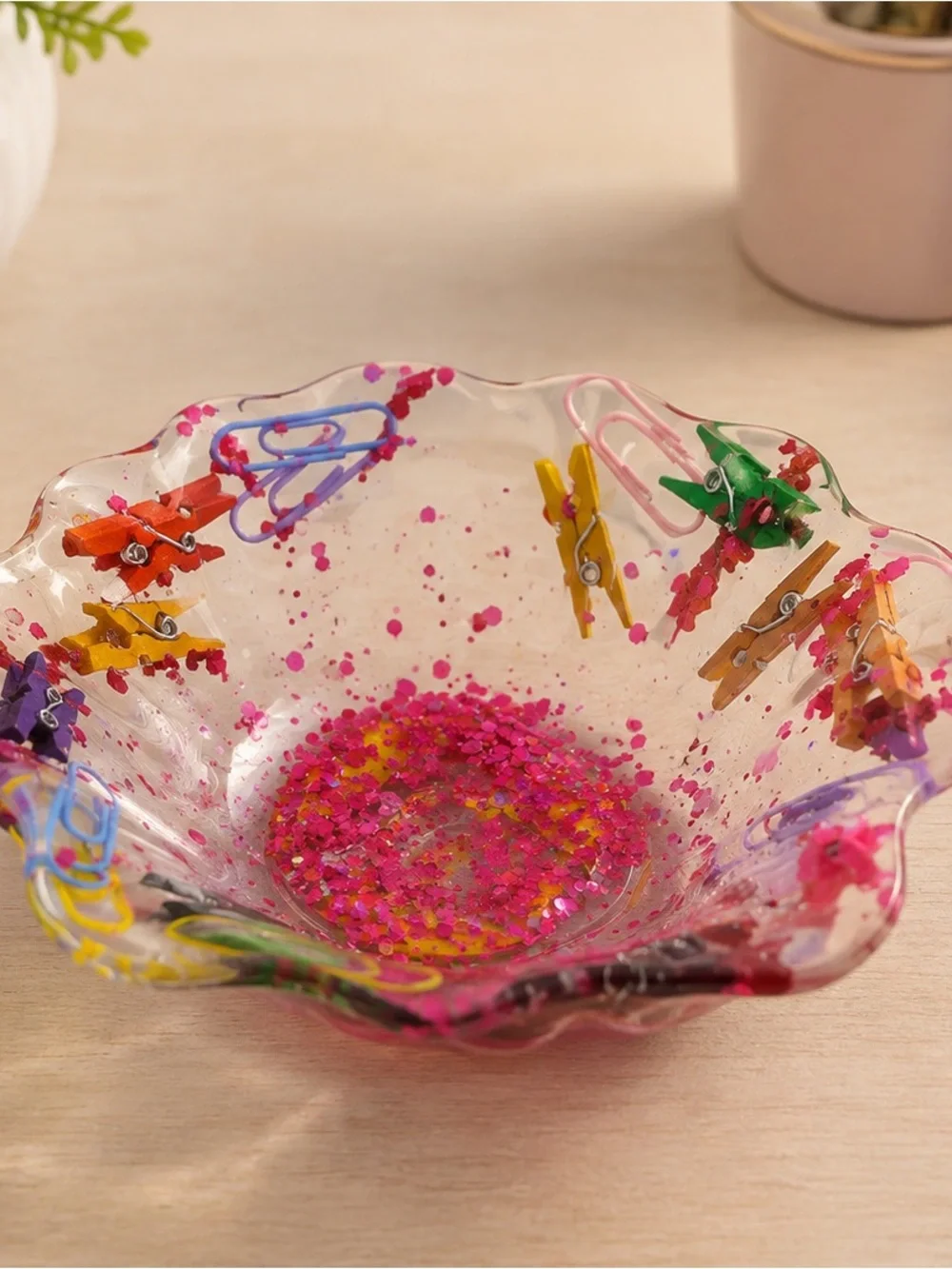 Clear Resin Decorative Bowl with Pink Confetti and Multicolor Accents